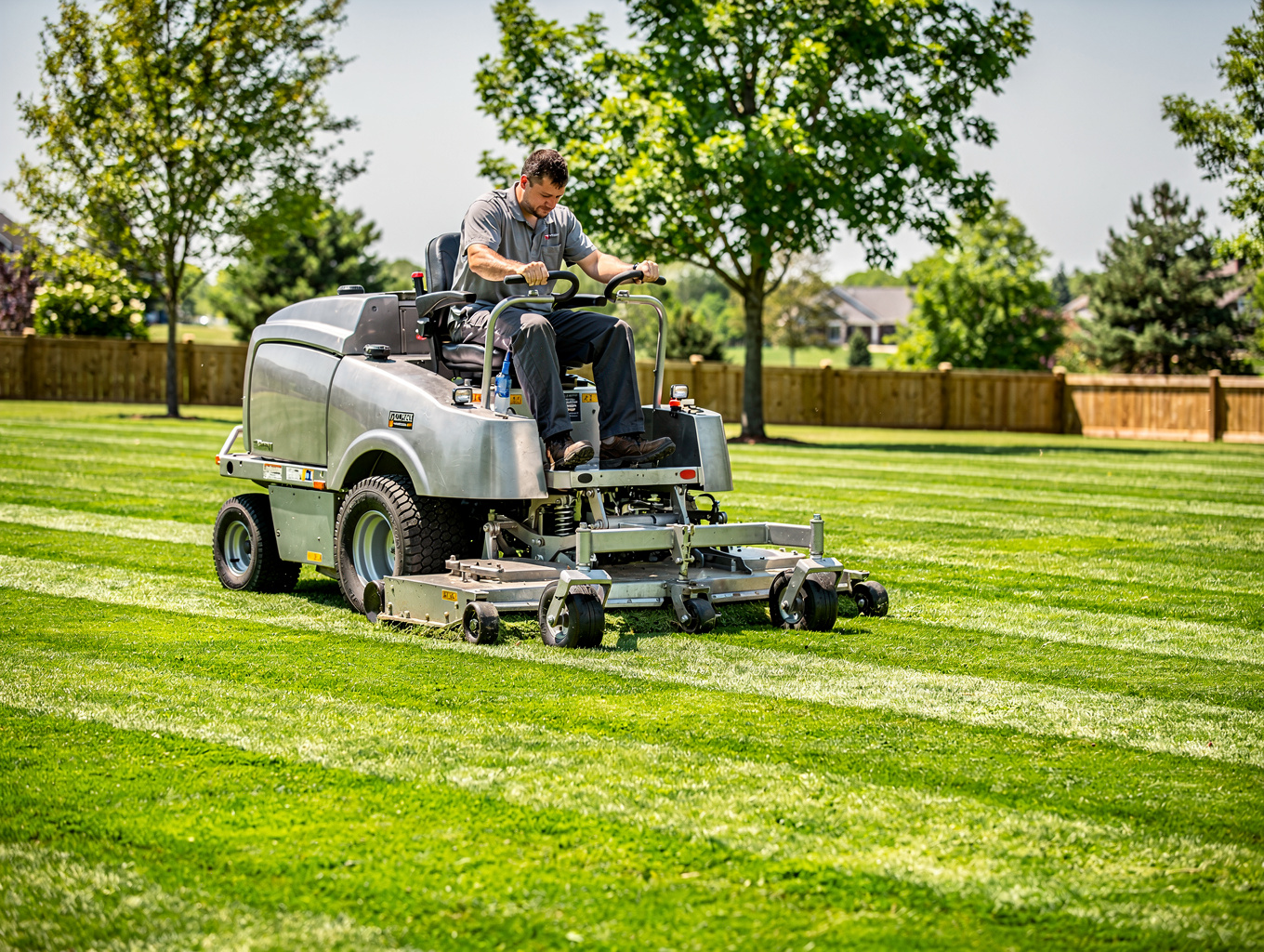 Commercial zero-turn mower operator cutting crisp lawn edges