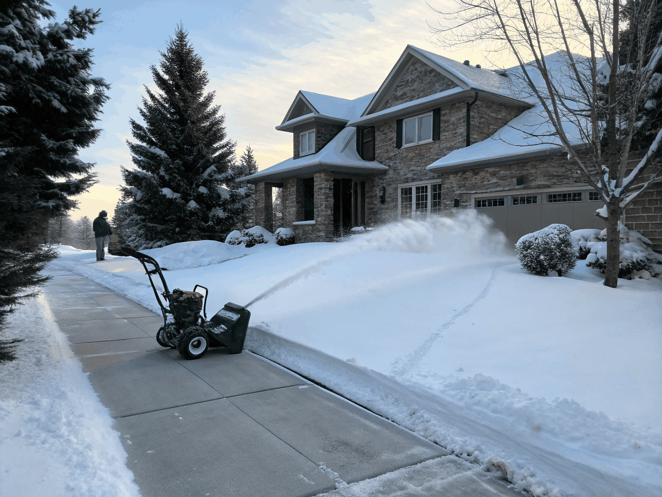 Freshly cleared residential driveway alongside a manicured green lawn border in natural morning daylight